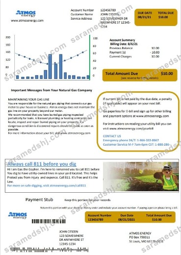 USA Virginia Atmos Energy utility bill template in Word and PDF format (.doc and .pdf)